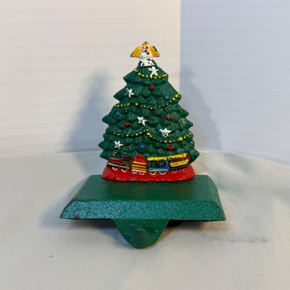 Vintage Cast Iron Christmas Tree Stocking Holder Angel Toy Train Mantle Decor